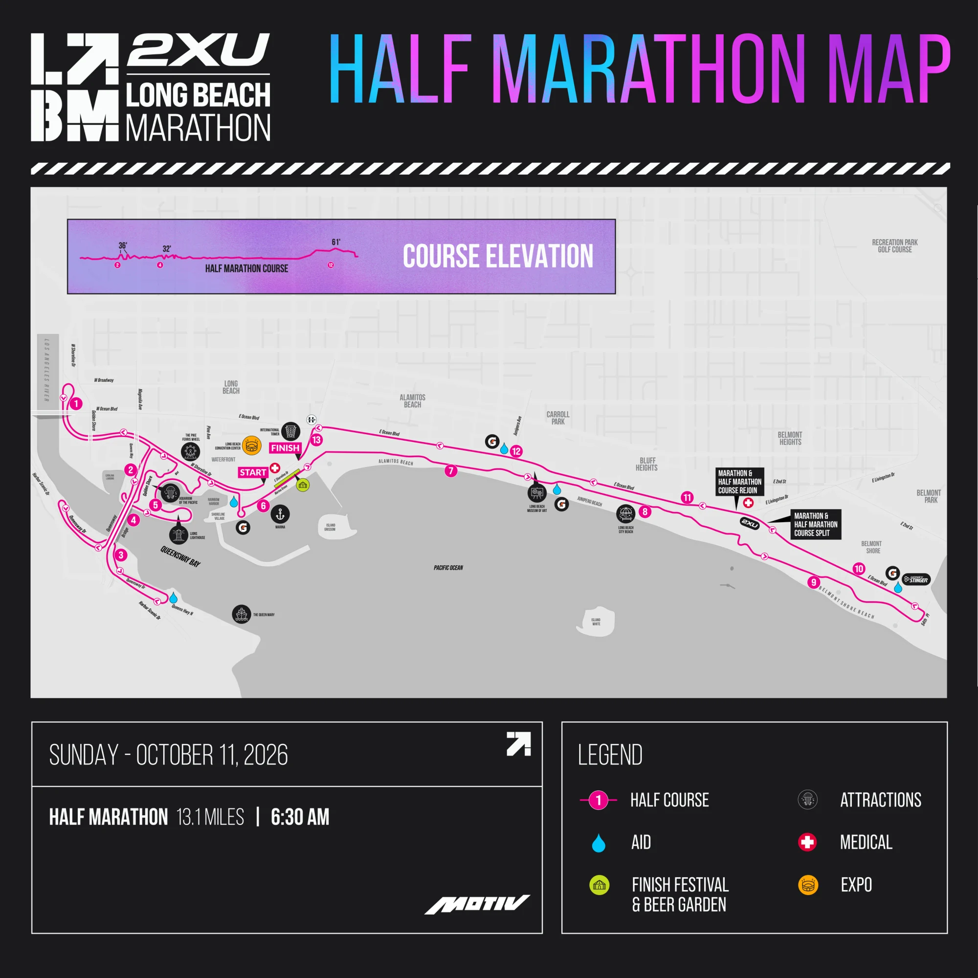 Long Beach Half Marathon course map — Sunday 11 October 2026, 6:30 AM start
