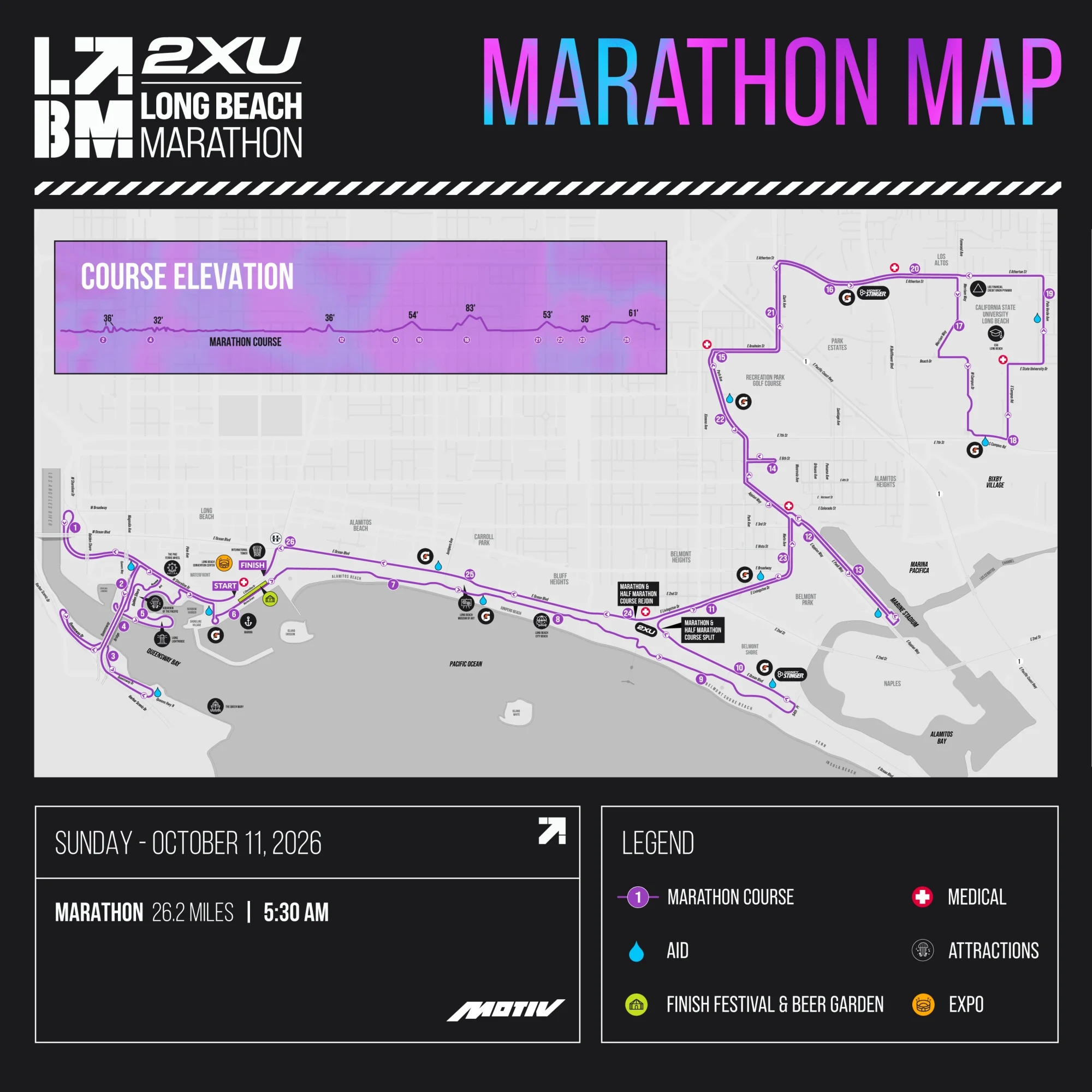 Long Beach Marathon course map — Sunday 11 October 2026, 5:30 AM start